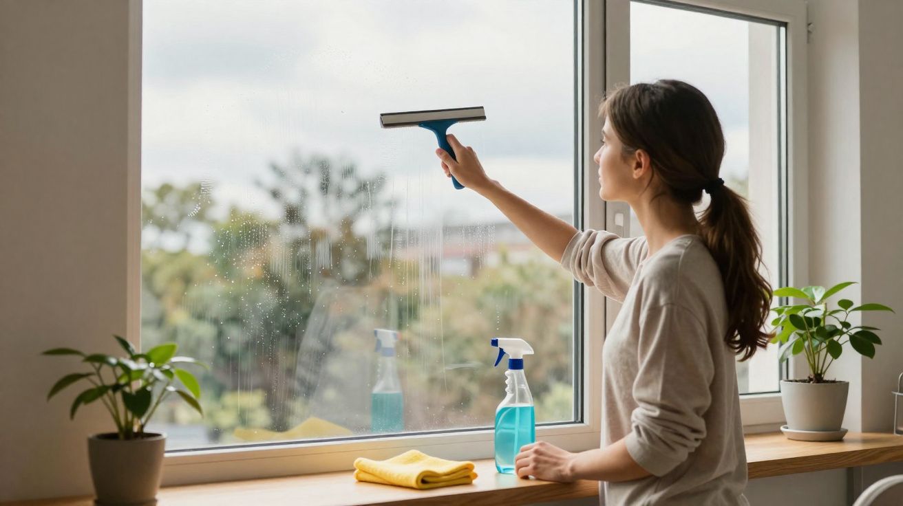 Mulher a limpar uma janela com um limpa-vidros e produtos de limpeza numa sala iluminada.