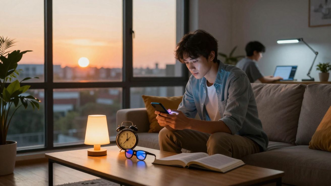 Jovem sentado no sofá a olhar para o telemóvel, com livro aberto e relógio numa mesa, ao pôr do sol.
