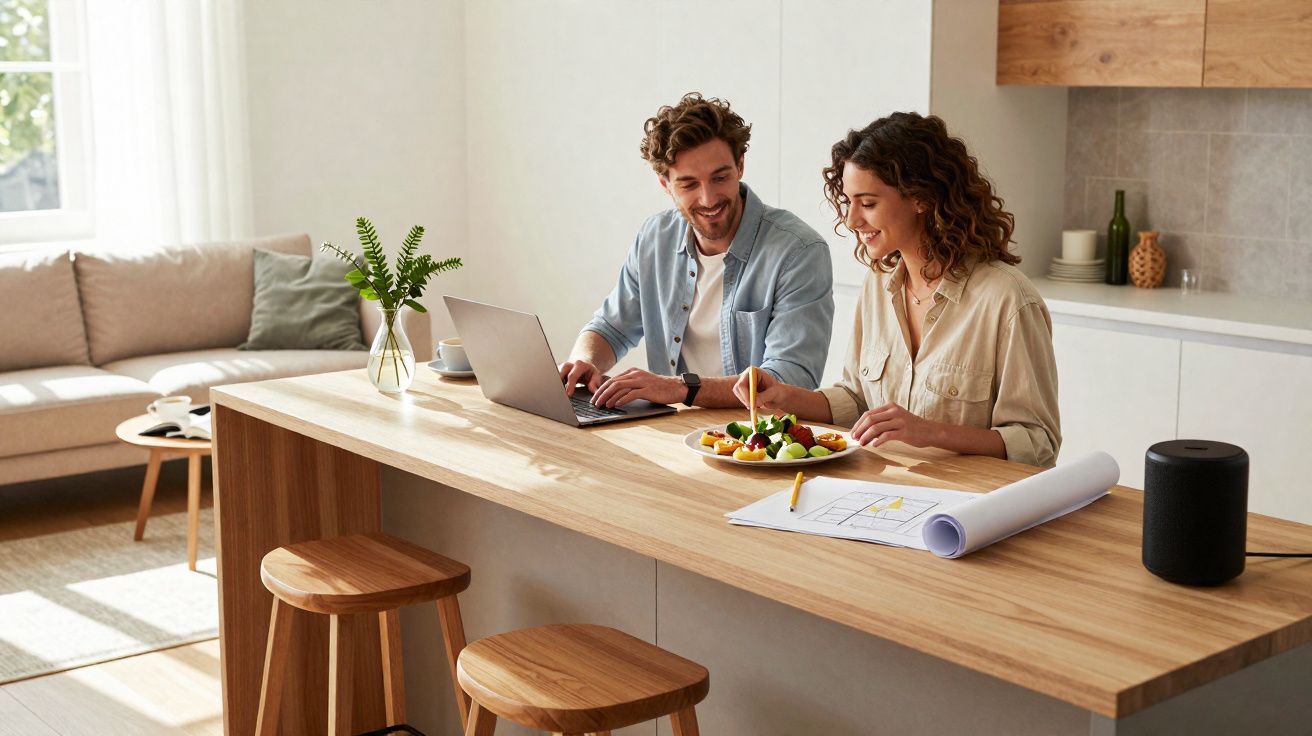 Casal jovem ao balcão da cozinha, ela a comer salada e ele a usar portátil, ambiente moderno e luminoso.