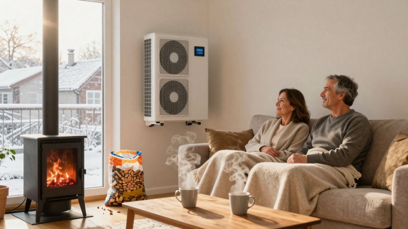 Casal sentado no sofá com mantas, junto a lareira acesa e duas chávenas com vapor numa sala acolhedora.