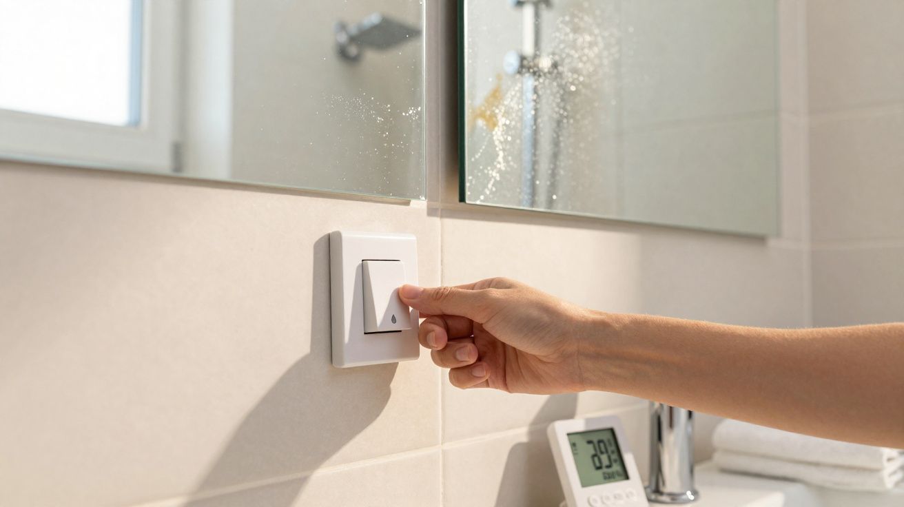 Mão desligando luz com interruptor branco numa casa de banho iluminada e espelho com gotas de água.