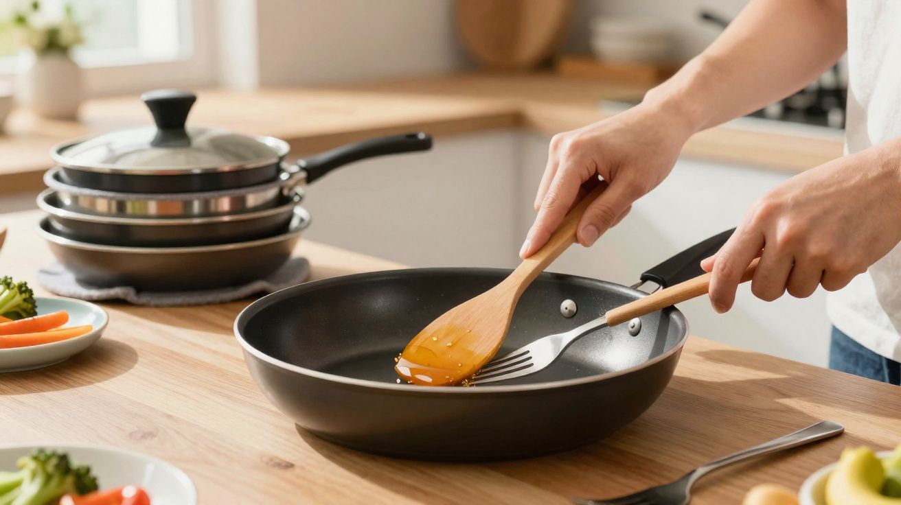 Pessoa a despejar mel com colher de pau numa frigideira preta numa cozinha moderna.