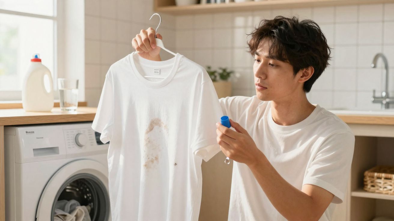 Homem a segurar t-shirt branca manchada e aplicando tira nódoas numa lavandaria doméstica.