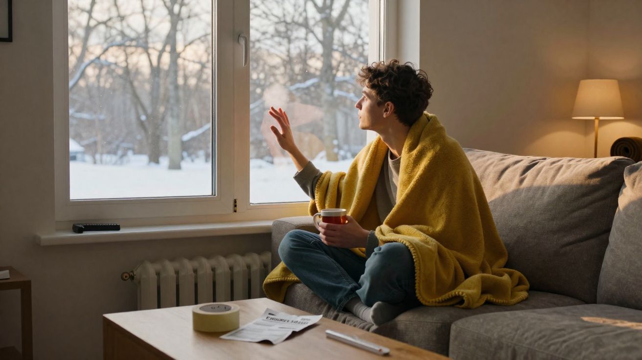 Pessoa com manta amarela sentada no sofá a olhar pela janela num ambiente acolhedor e inverno nevado lá fora.