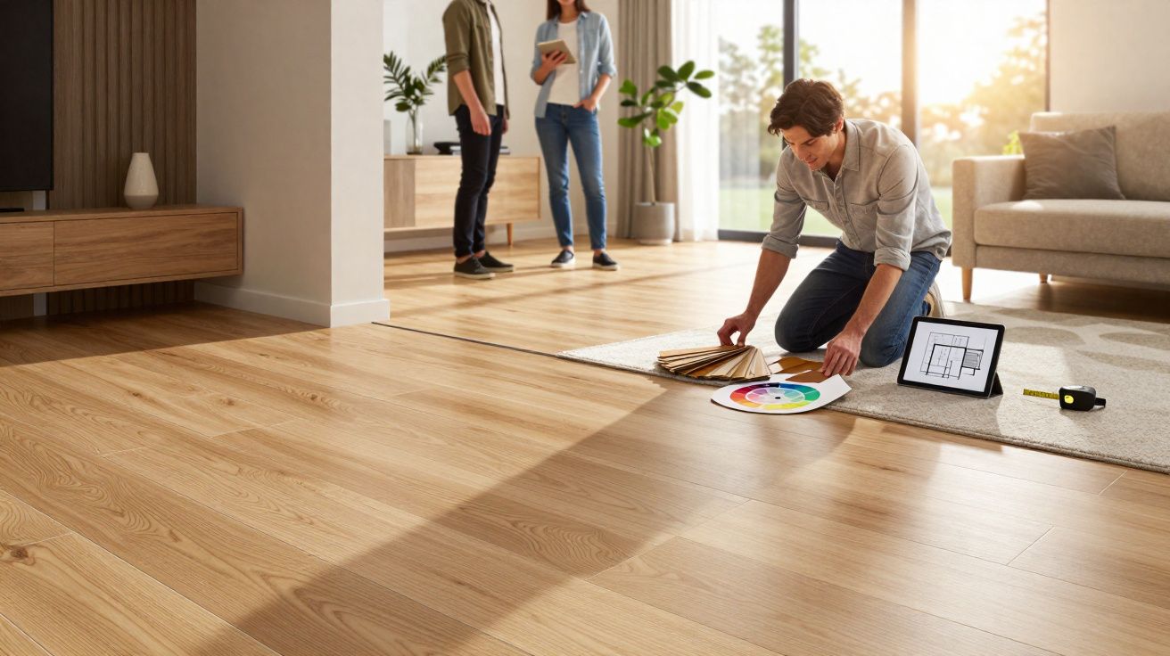 Homem ajoelhado escolhe amostras de madeira e cores para chão, enquanto casal observa numa sala com luz natural.