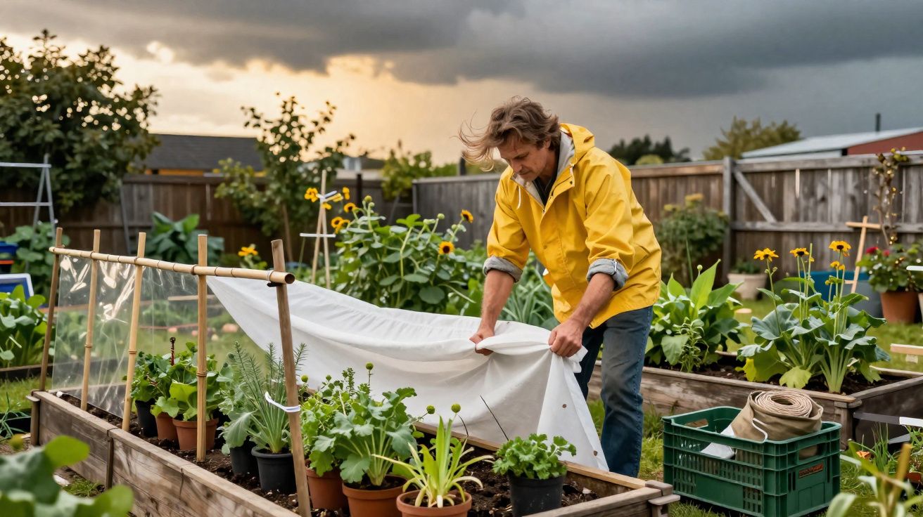 Homem com casaco amarelo cobre plantas numa horta urbana ao ar livre em dia nublado.