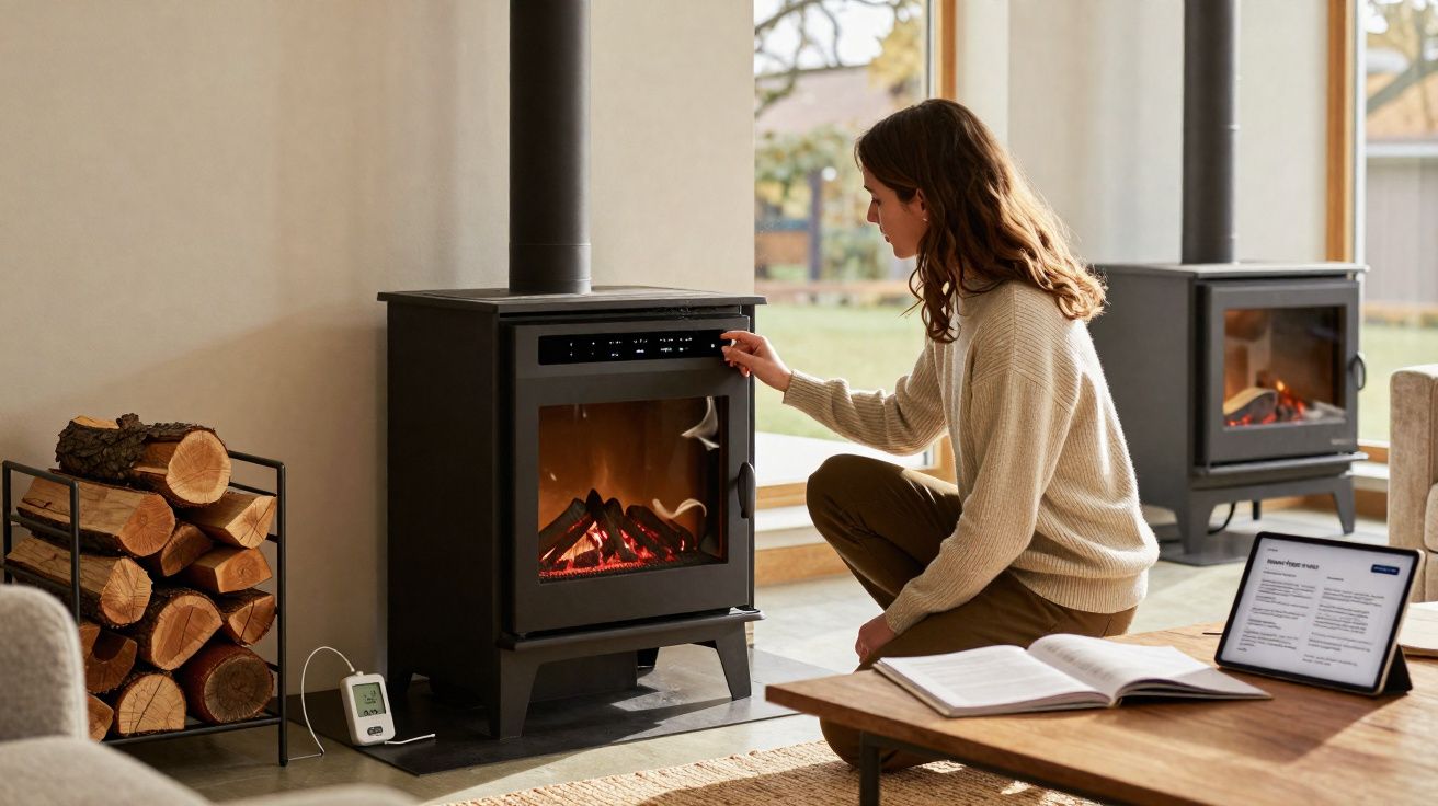 Mulher acende uma lareira elétrica num ambiente acolhedor com livros e tablet numa sala iluminada.