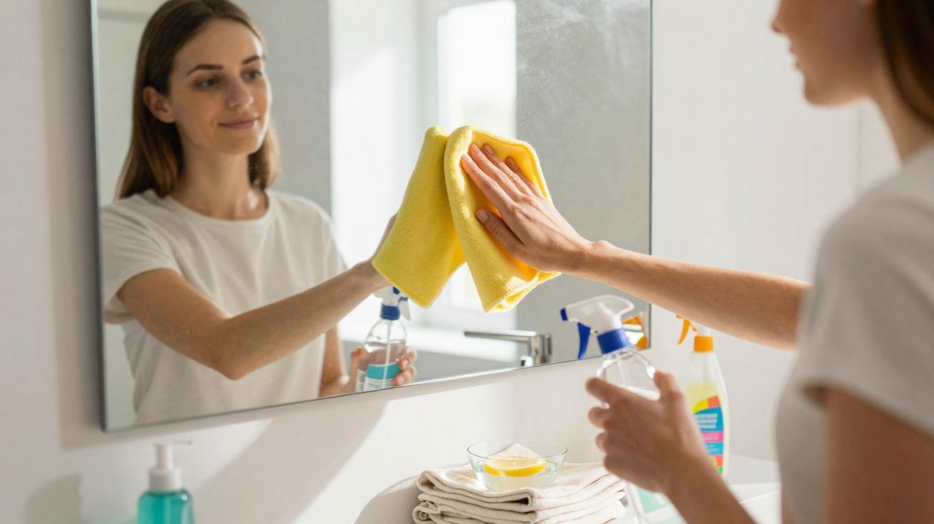 Mulher a limpar espelho de casa-de-banho com pano amarelo e produto de limpeza.