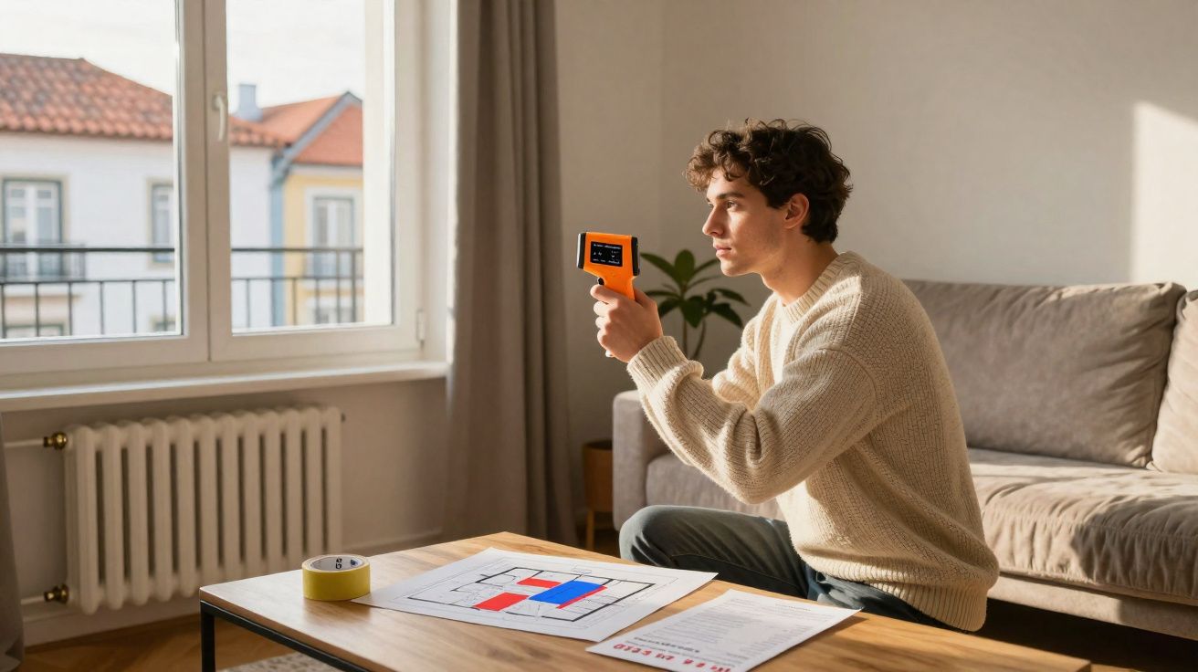 Jovem sentado numa sala a usar um termómetro infravermelho para medir a temperatura junto a uma janela.