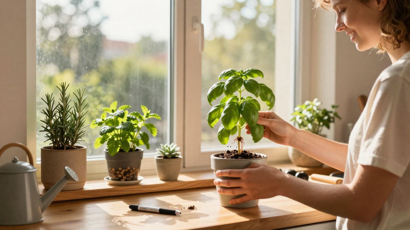 Mulher a cuidar de plantas em vasos numa varanda iluminada pelo sol, sorrindo enquanto segura uma manjericão.