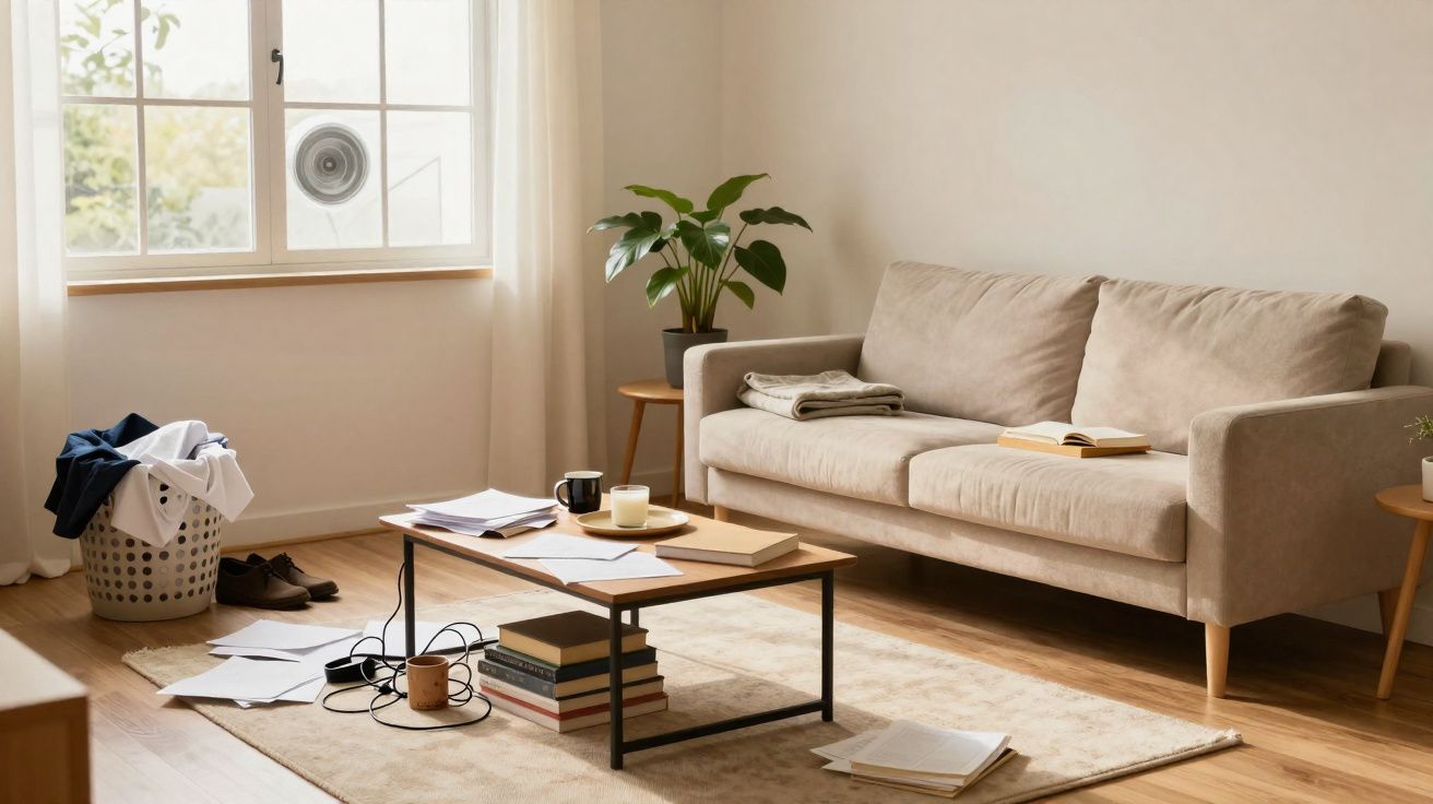 Sala de estar com sofá bege, mesa de centro com livros, papéis e plantas ao lado da janela com luz natural.