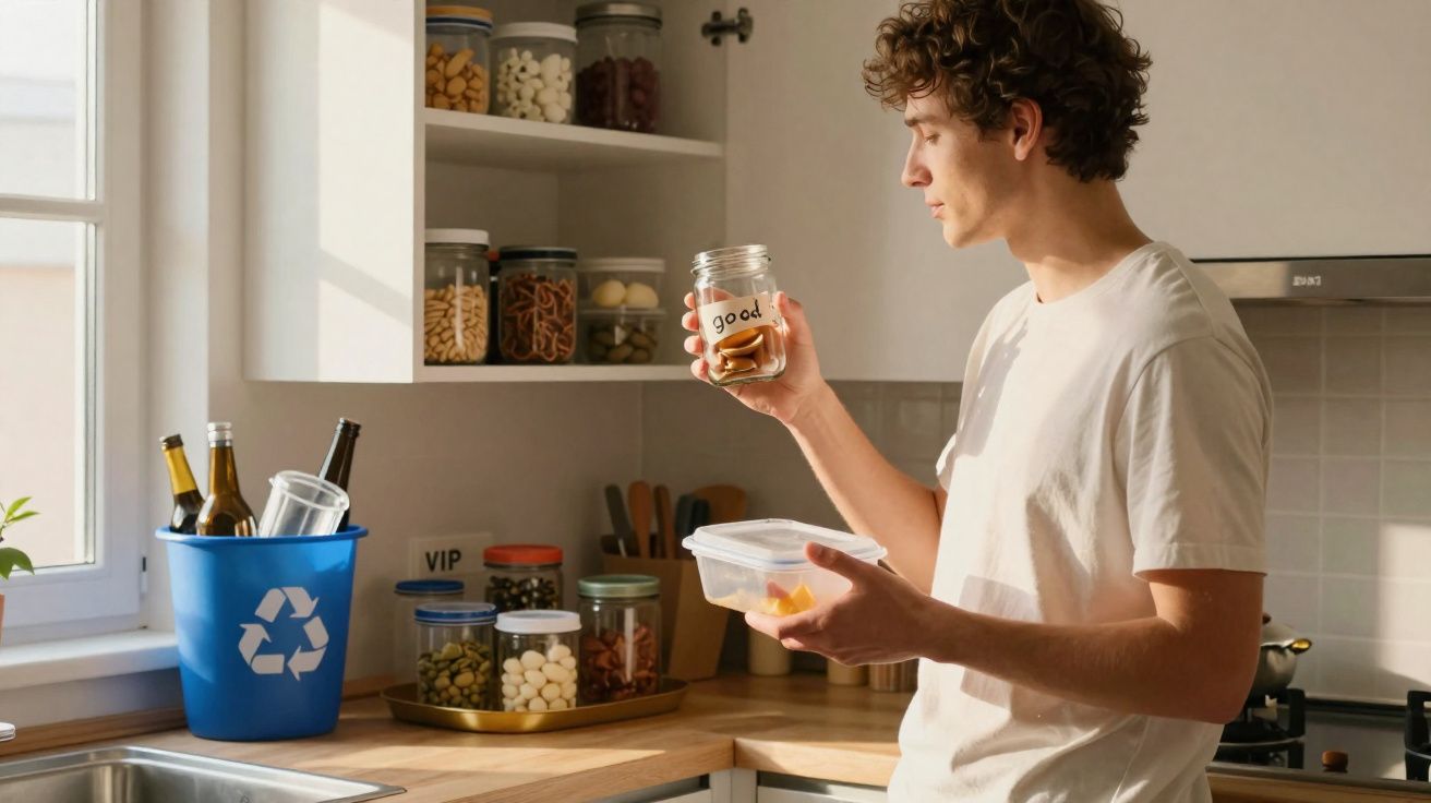 Homem a segurar frascos de vidro na cozinha junto a balcão com várias caixas de alimentos e caixote de reciclagem azul.