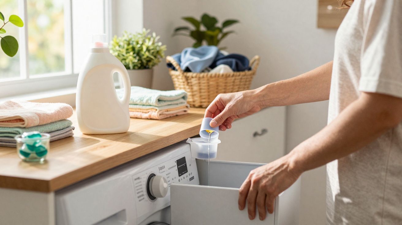 Pessoa a colocar detergente líquido na máquina de lavar roupa numa lavandaria com roupa dobrada.