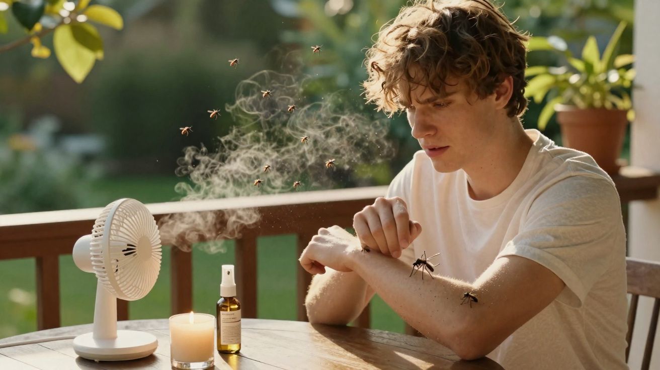 Jovem a tentar afastar vários mosquitos que pousaram no seu braço ao ar livre numa varanda.