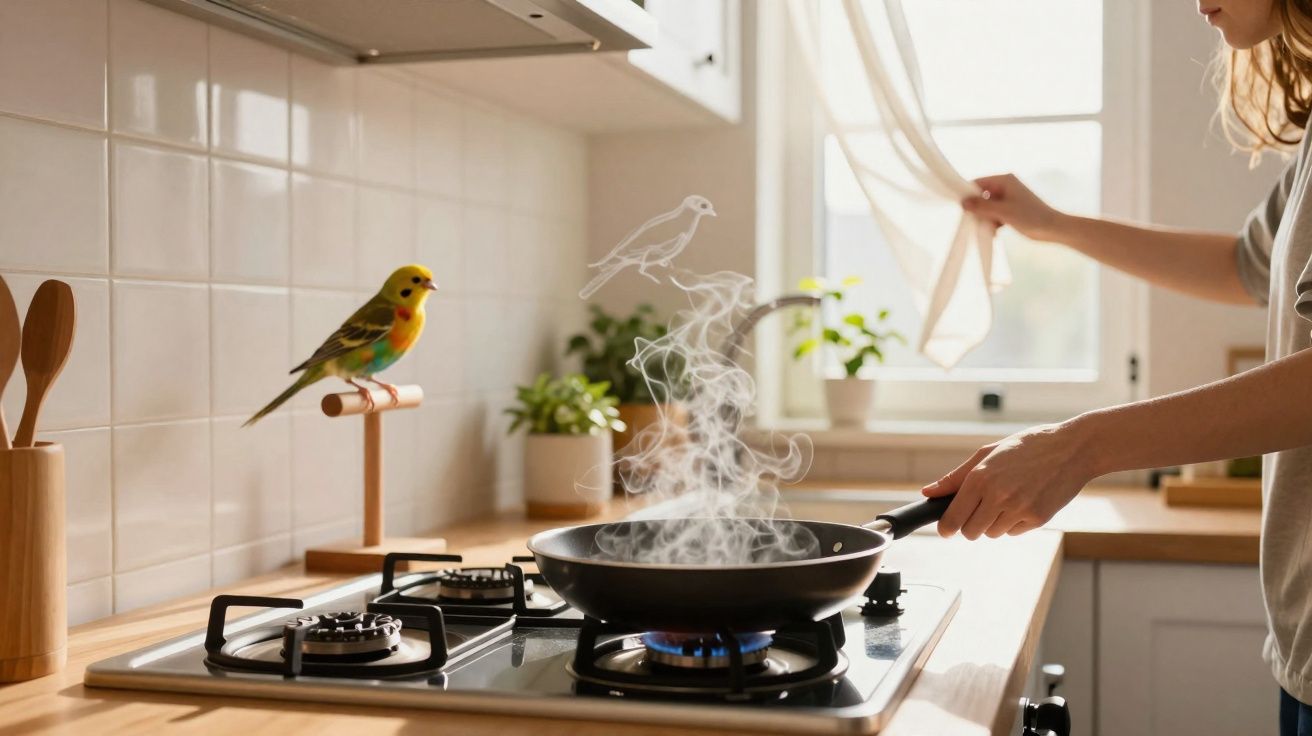 Mão a segurar frigideira sobre fogão com chama azul e passarinho colorido pousado na bancada da cozinha.