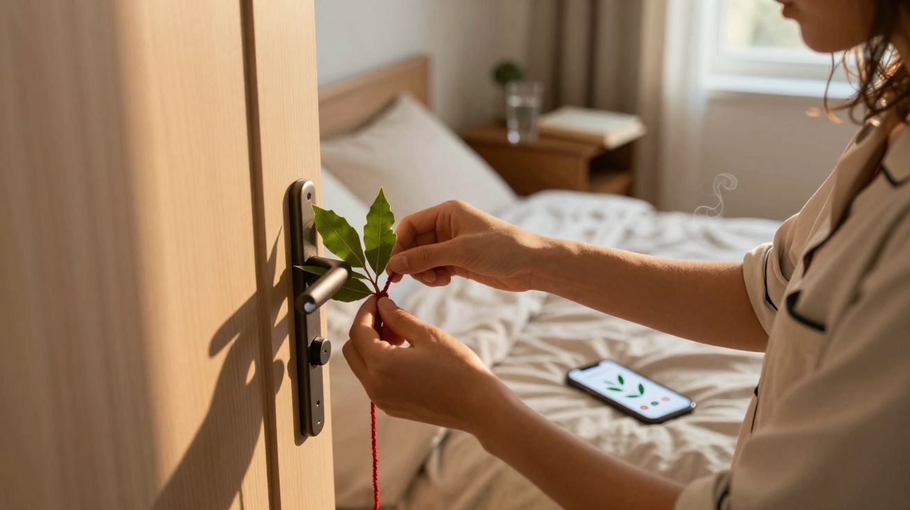 Pessoa prende ramo de folhas verdes com fio vermelho na maçaneta de uma porta de quarto acolhedor.