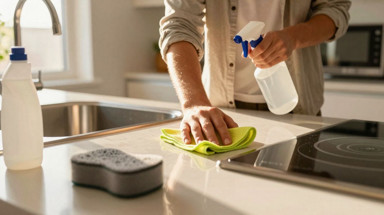 Pessoa a limpar bancada de cozinha com pano amarelo e spray de limpeza, vista parcial do ambiente.