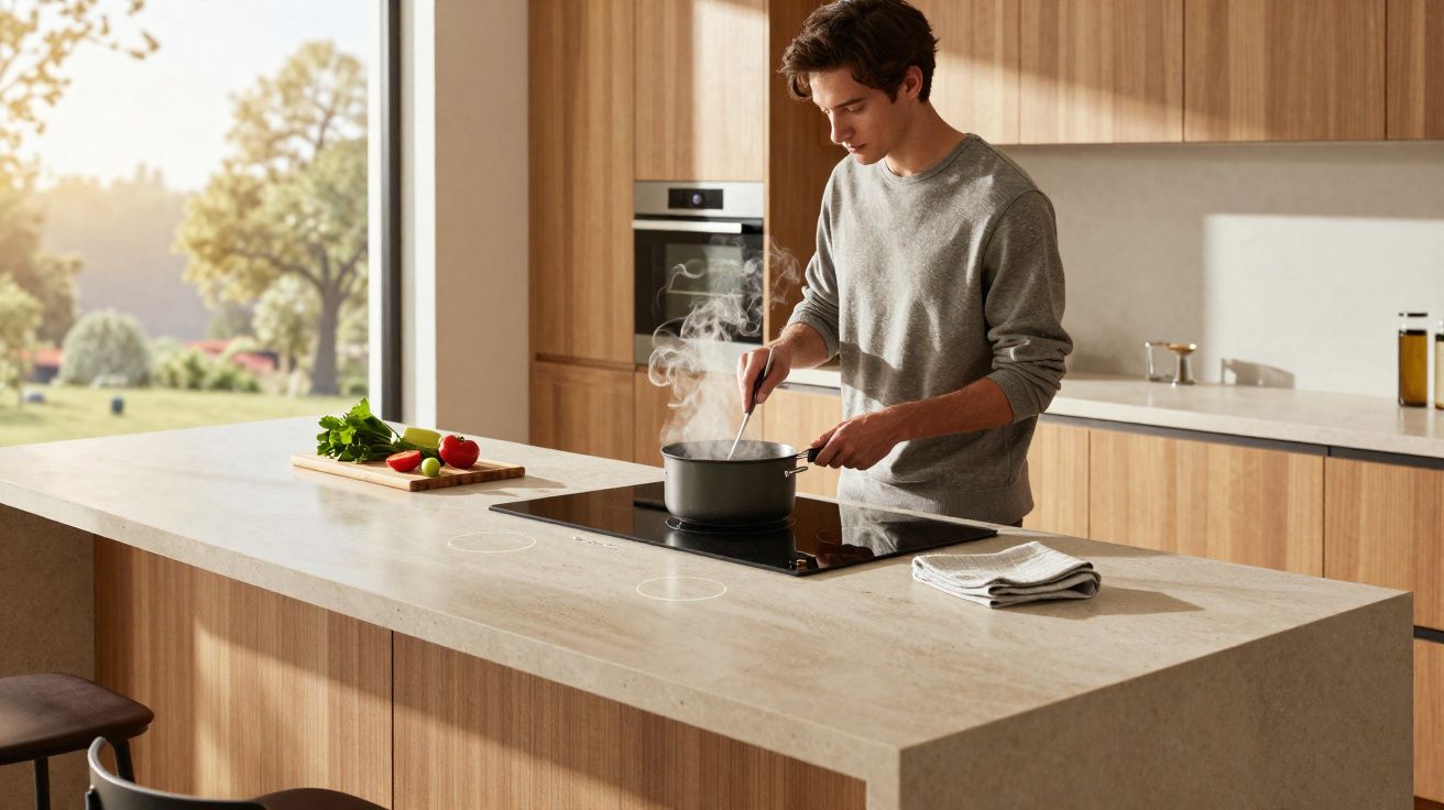 Jovem a cozinhar numa cozinha moderna com ilha, luz natural e vista para jardim exterior.