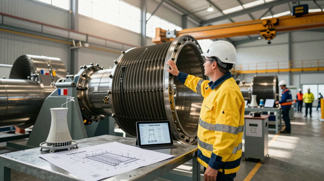 Engenheiro com capacete branco examina turbina numa fábrica industrial moderna.