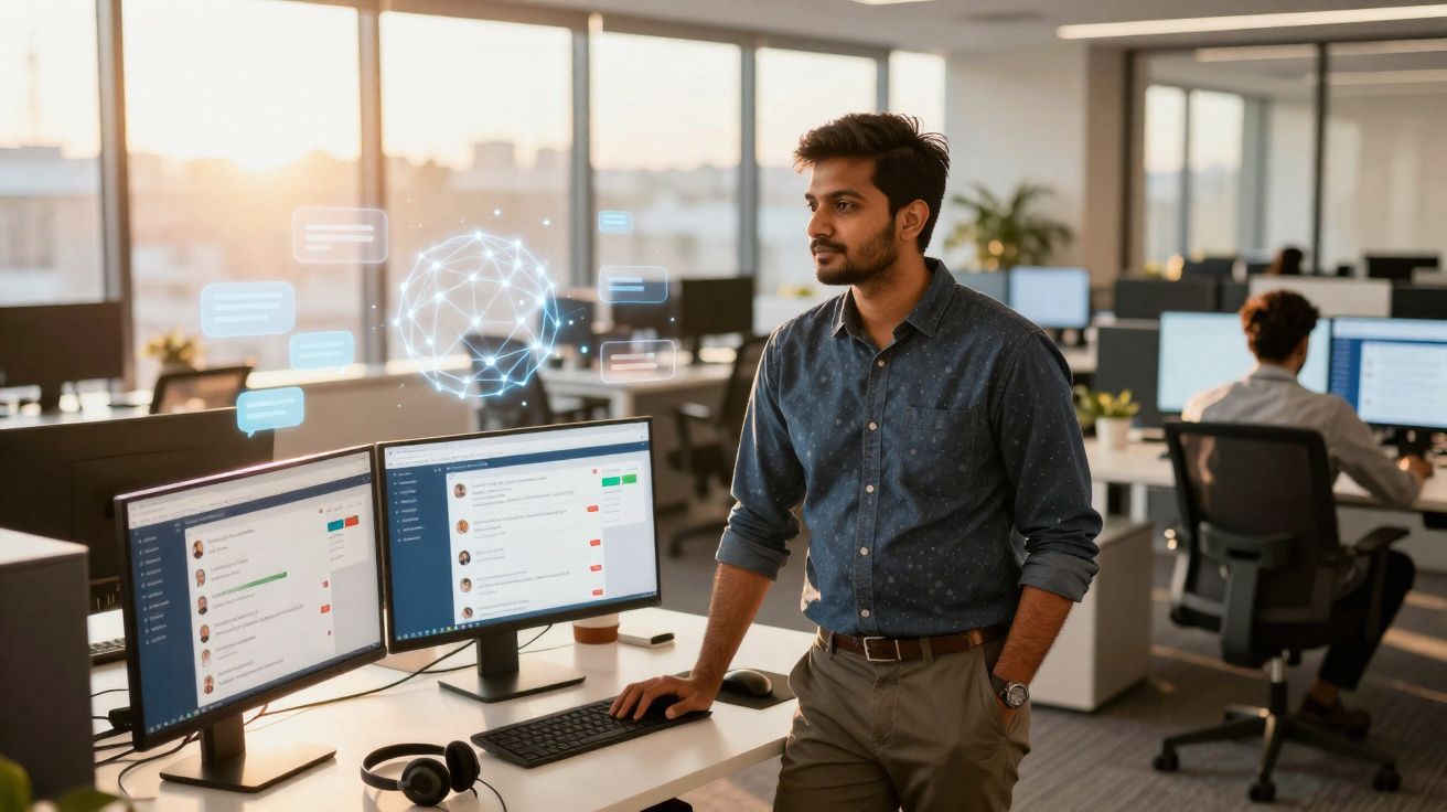 Homem em escritório moderno com dois ecrãs de computador e gráficos digitais flutuantes ao fundo.