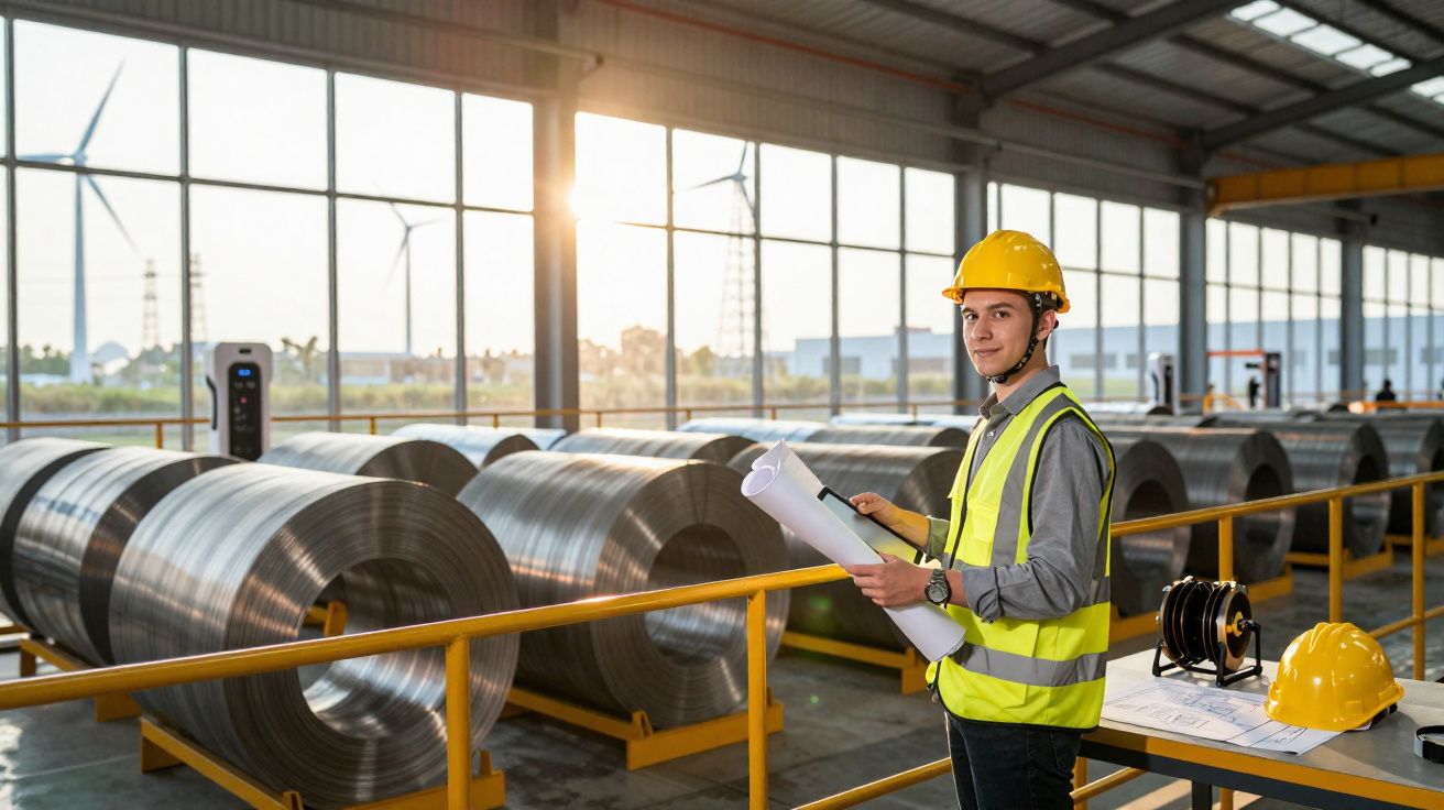 Homem com capacete e colete refletor verifica planos numa fábrica de bobinas de metal.