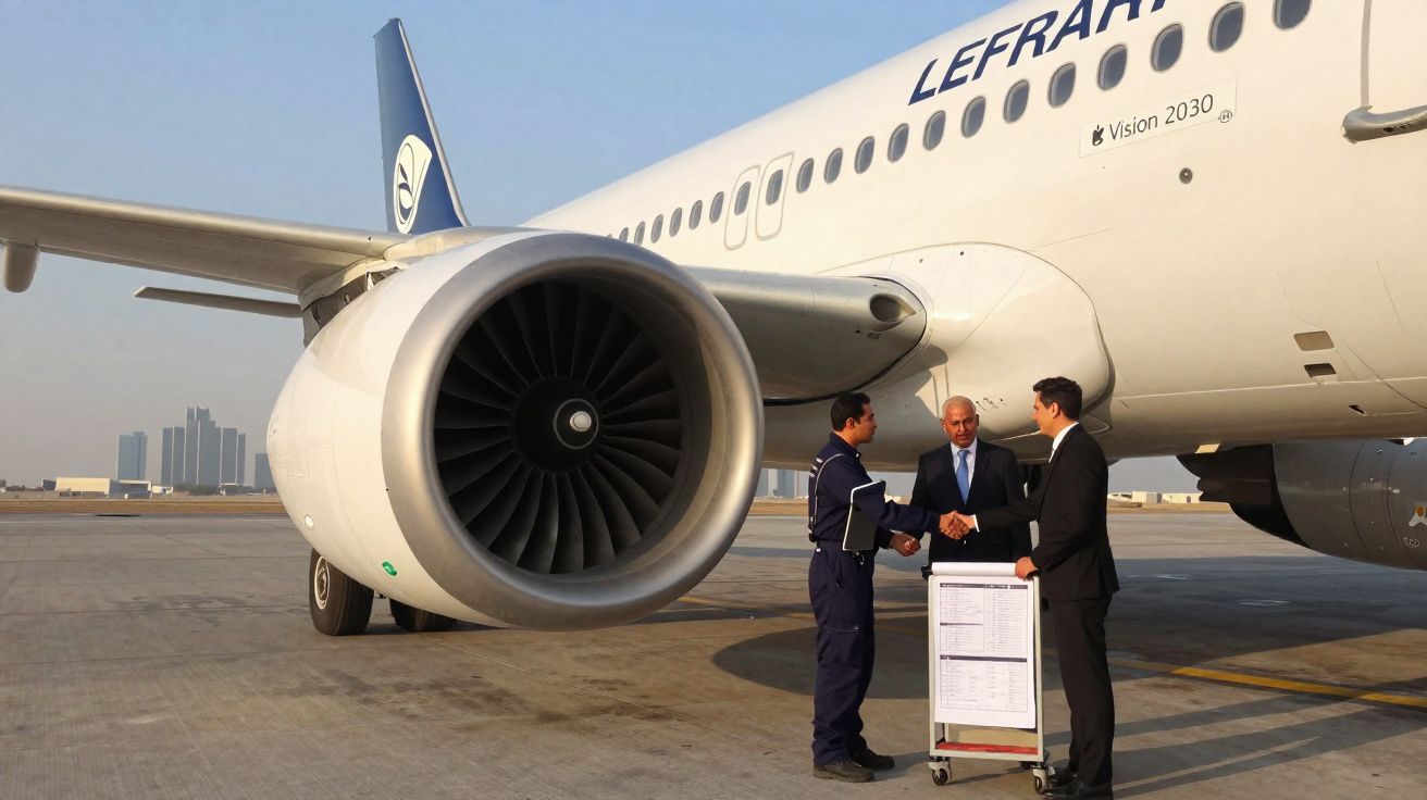 Três homens, incluindo piloto e executivos, apertam as mãos junto a um avião branco no aeroporto.