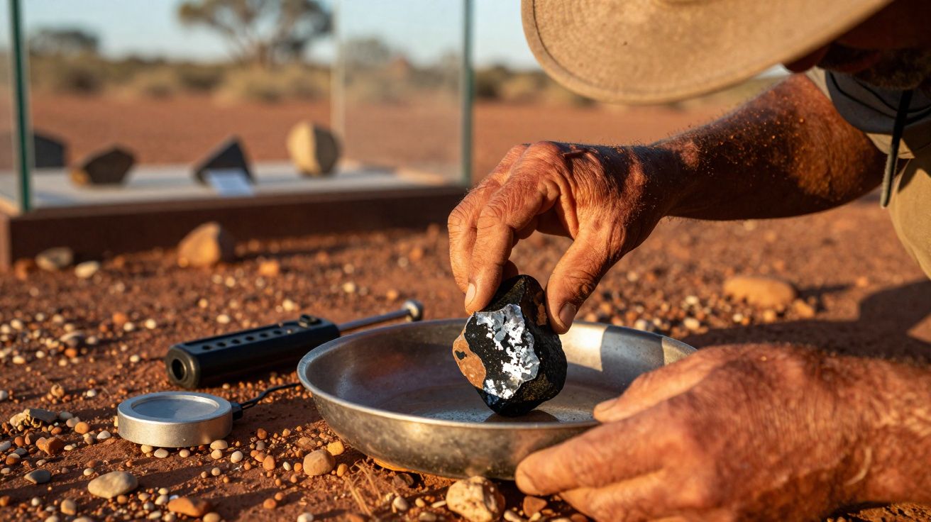 Homem examina uma pedra meteorito numa panela metálica no chão árido e pedregoso ao nascer do sol.