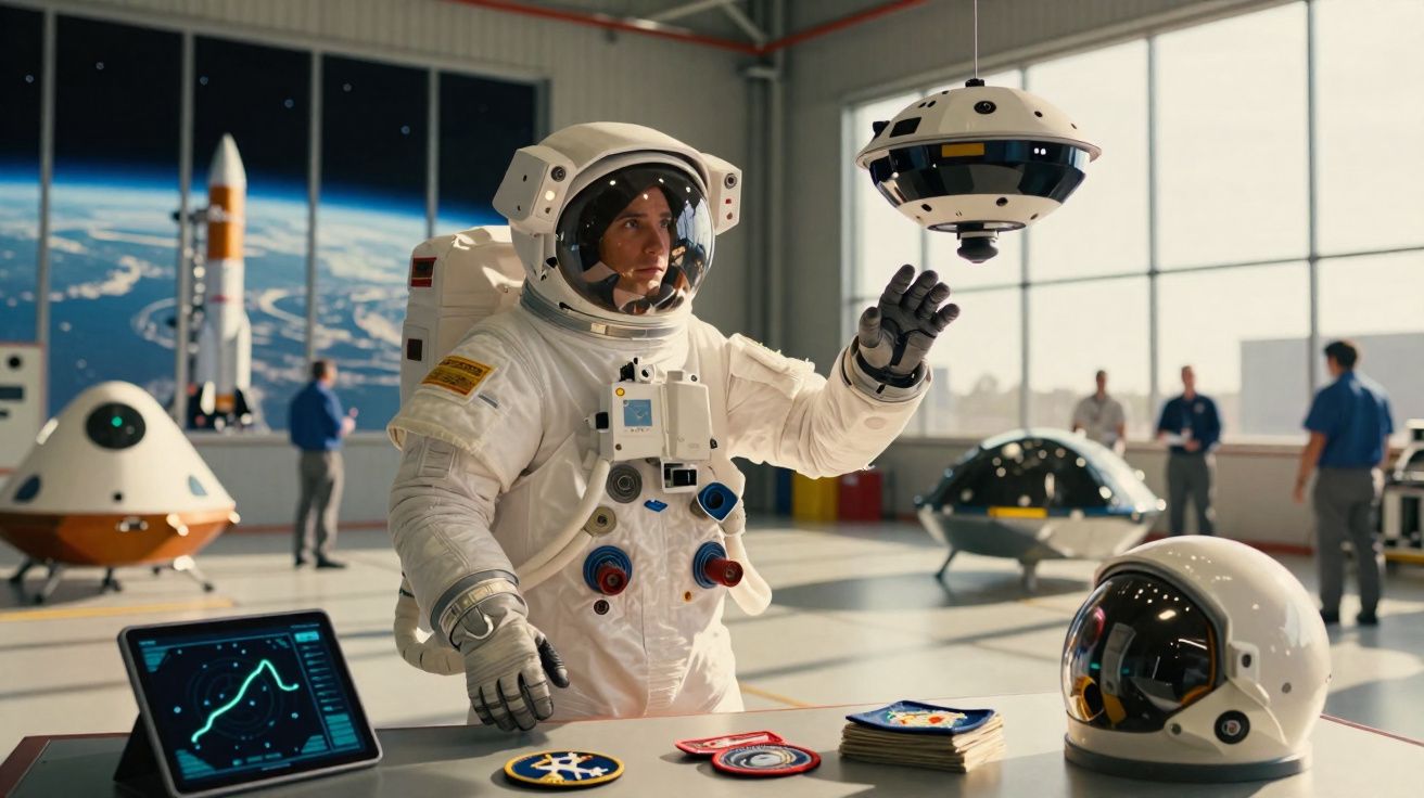Astronauta em fato espacial interage com drone flutuante numa sala de investigação com equipamentos espaciais.