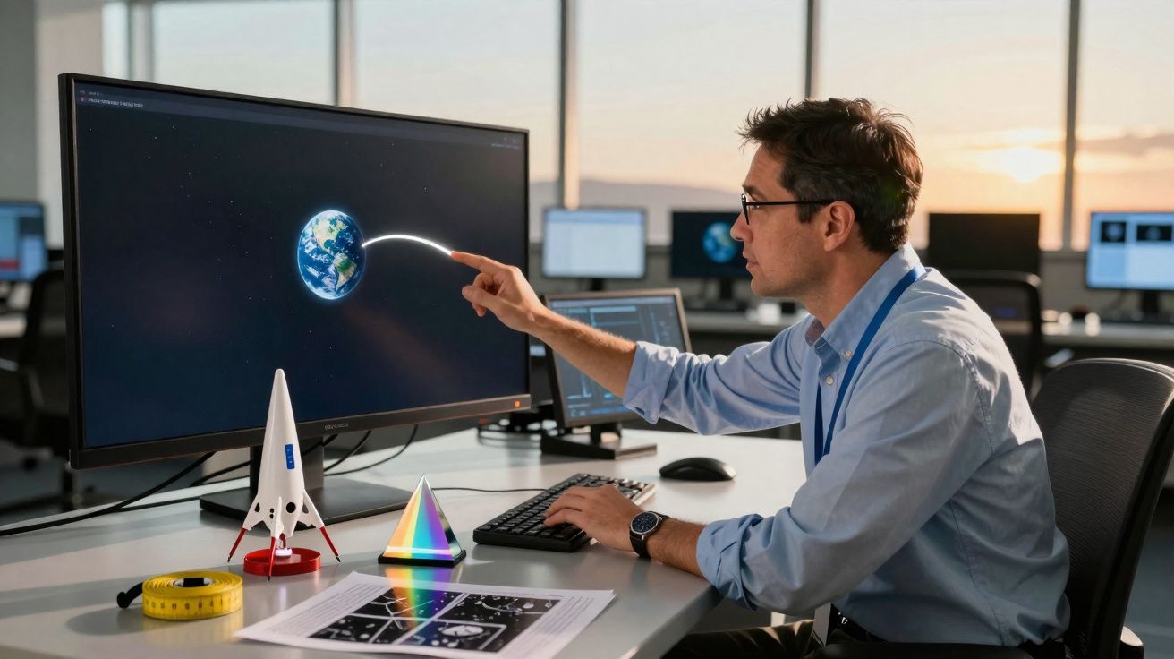 Homem a apontar para um computador com imagem do planeta Terra num escritório moderno ao pôr do sol.