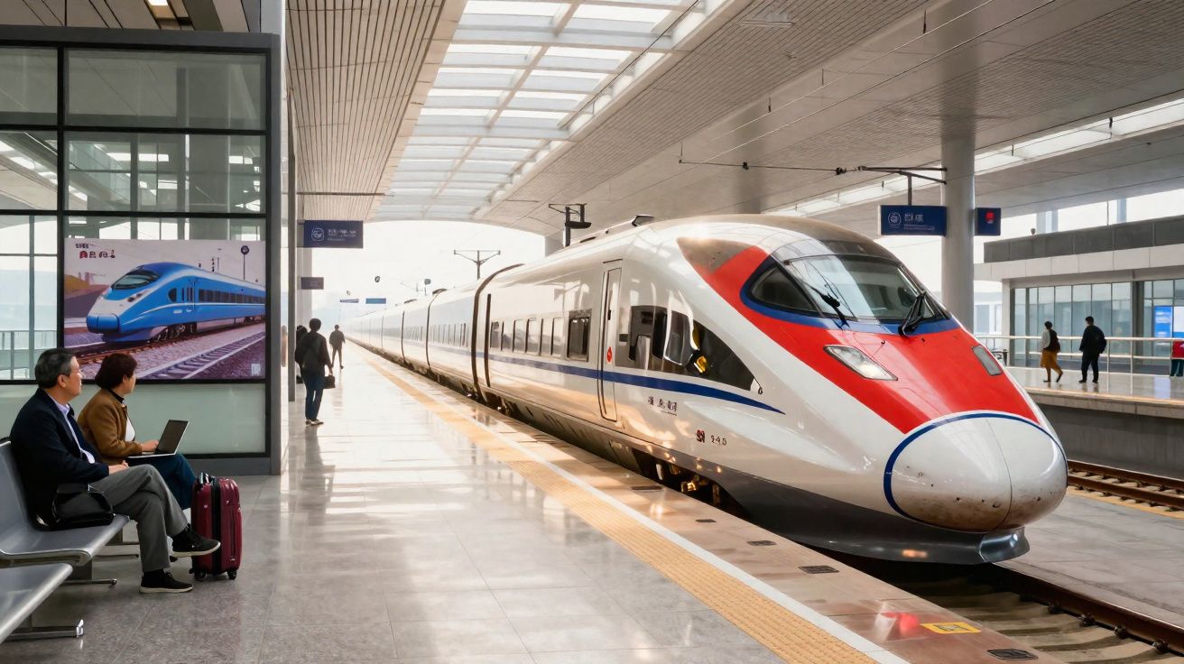 Comboio de alta velocidade parado numa estação moderna com passageiros na plataforma.