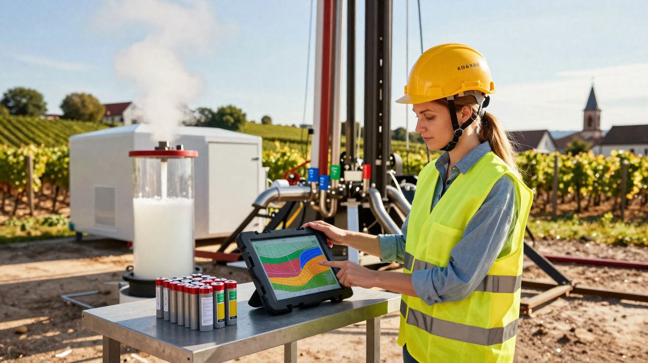 Mulher com capacete e colete refletor analisa dados geológicos num tablet em campo aberto.