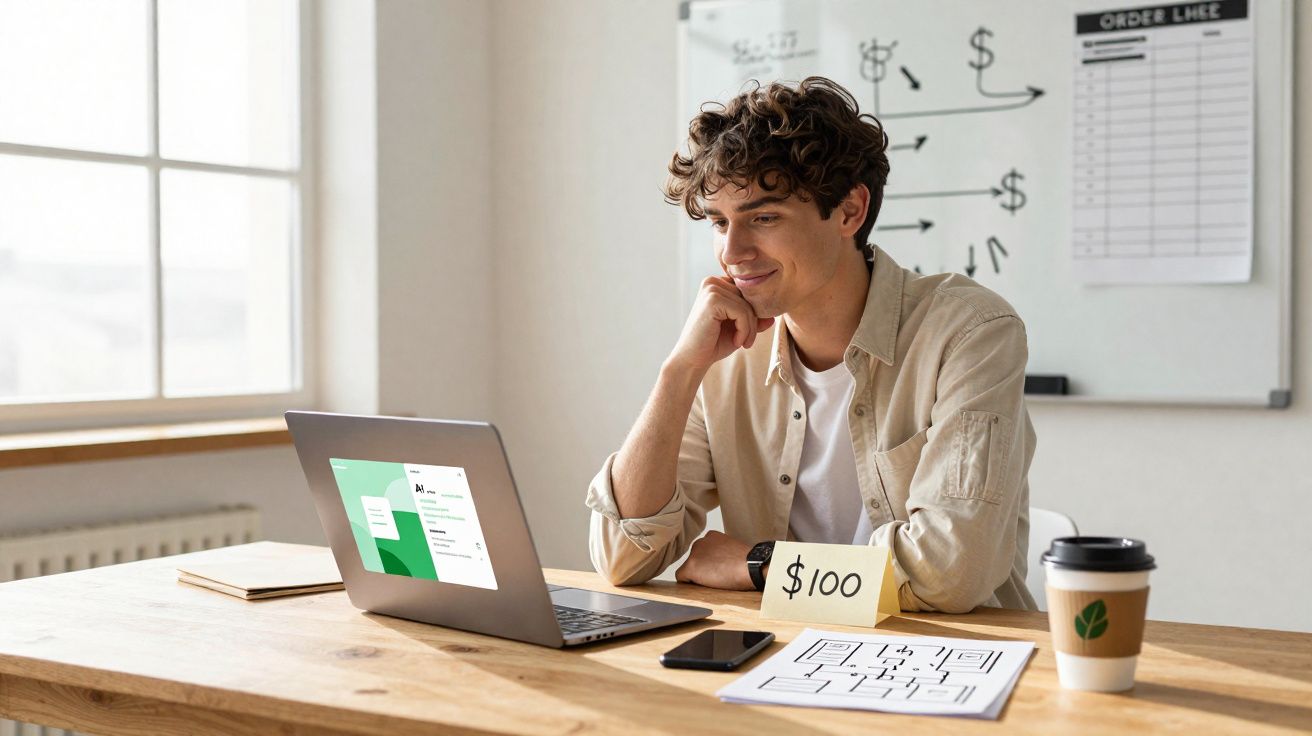 Homem jovem a trabalhar num portátil, sentado numa secretária com notas, telemóvel e café.