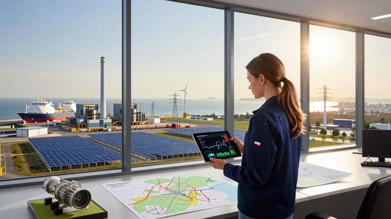 Mulher com tablet a analisar dados numa sala com vista para painéis solares e turbinas eólicas junto ao mar.