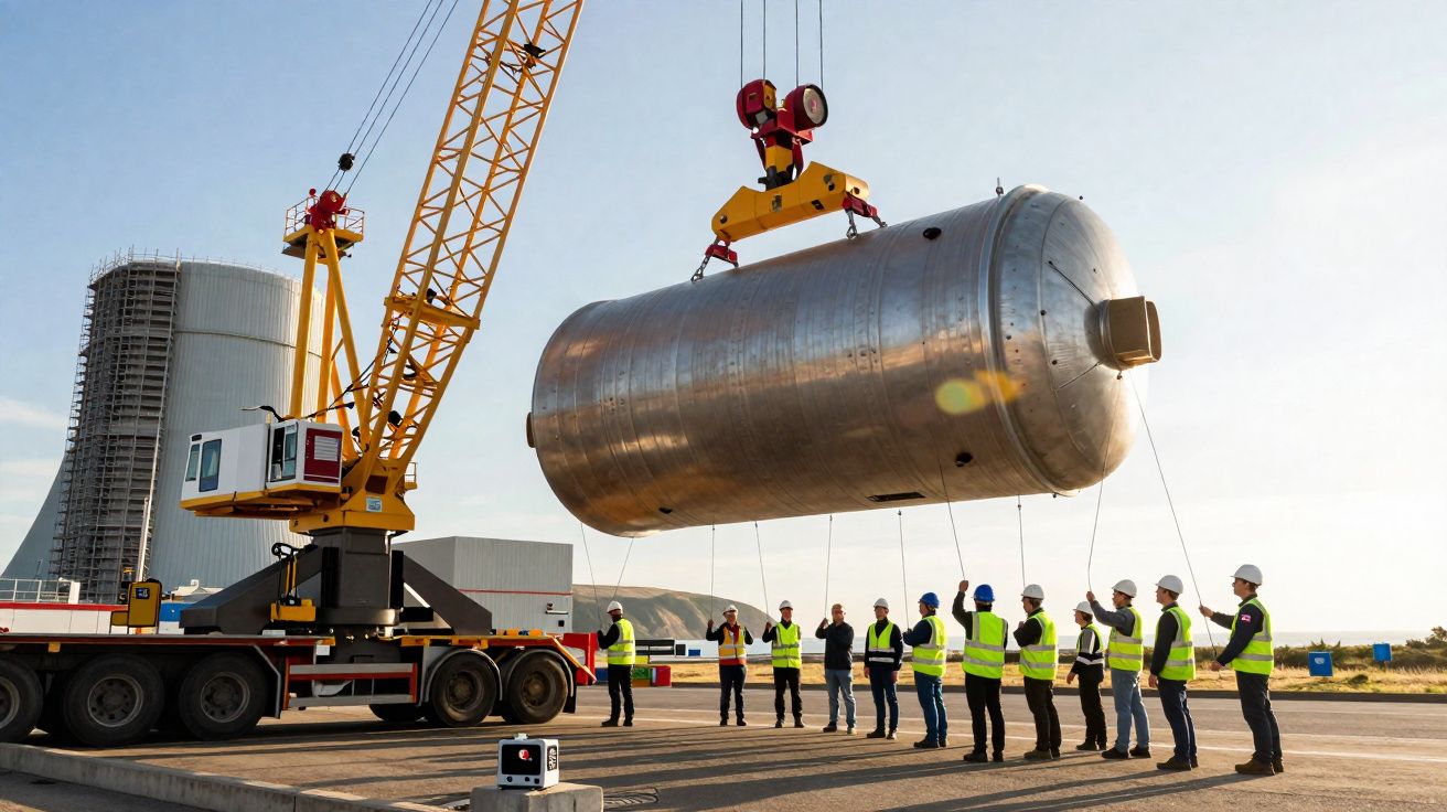 Grua amarela a içar tanque metálico cilíndrico, com operários de segurança em coletes refletivos numa plataforma industrial.