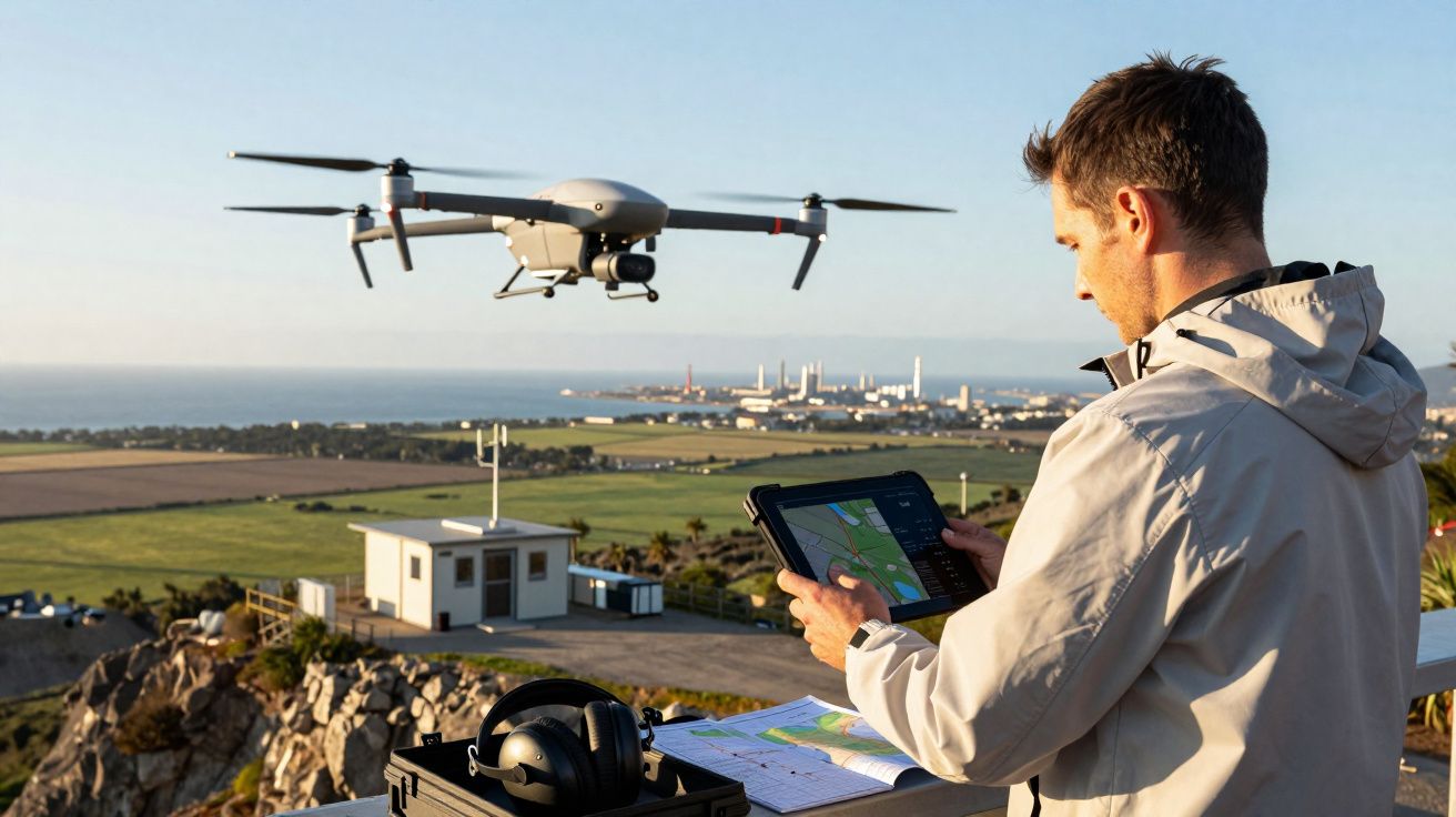 Homem a pilotar drone com comando tátil em área rural com edifícios e mar ao fundo.
