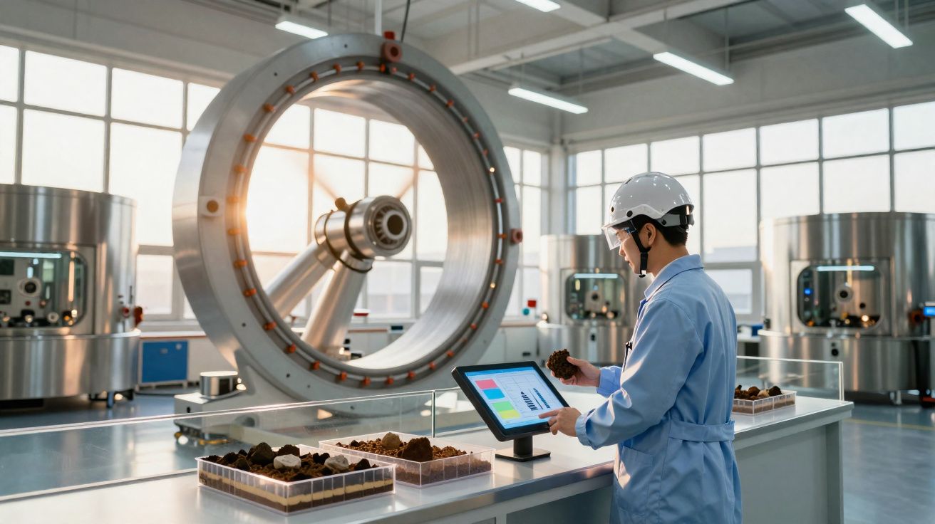 Técnico com capacete a analisar amostras no laboratório industrial moderno com maquinaria avançada.