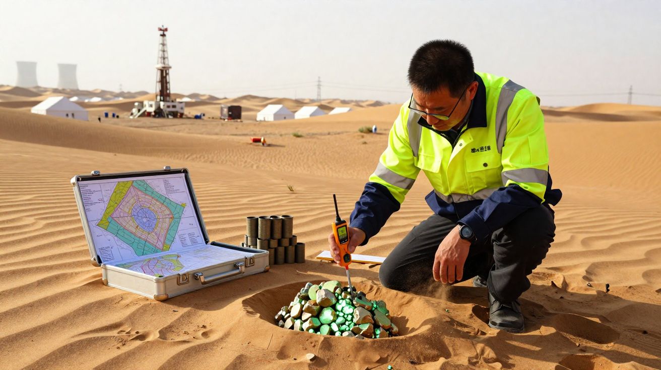 Homem com colete reflexivo analisa pilha de baterias verdes no deserto próximo a mapa e equipamentos.