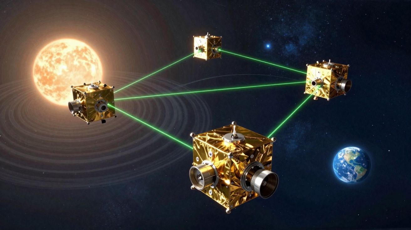 Ilustração de quatro satélites dourados ligados por laser entre o Sol e a Terra no espaço sideral.