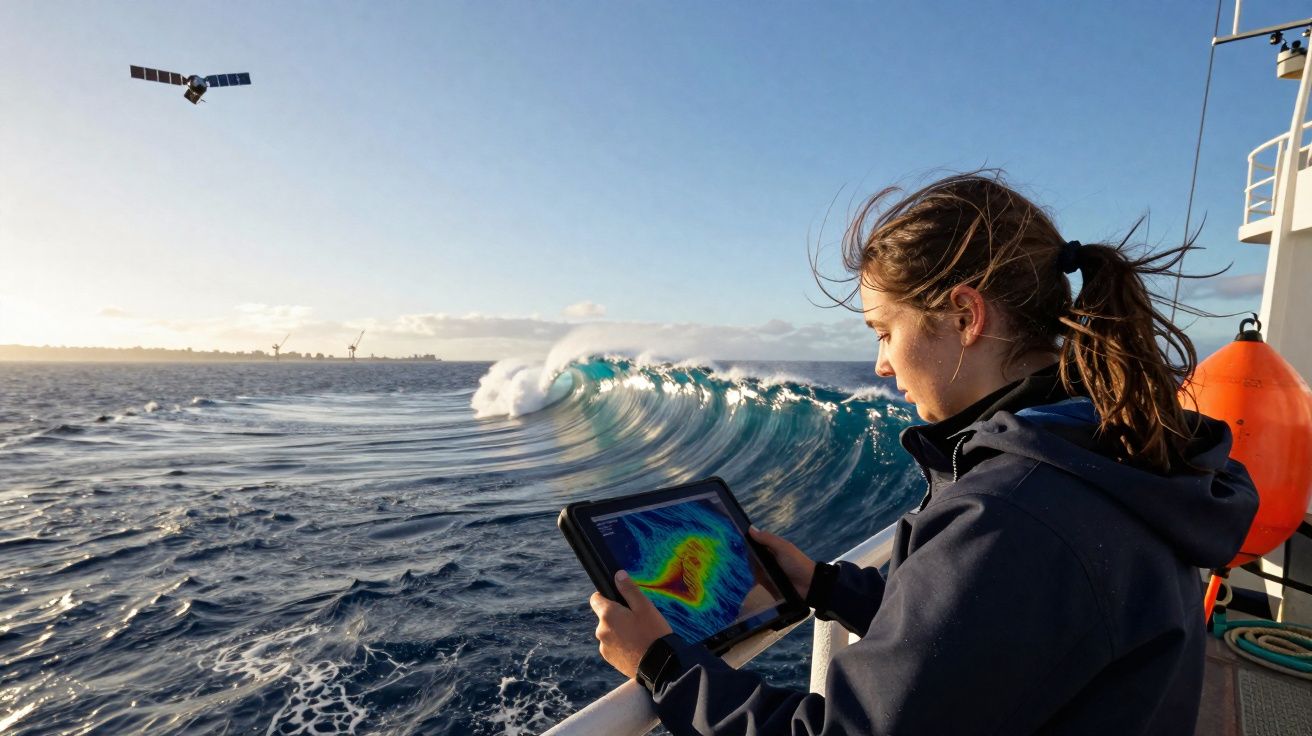 Mulher com tablet observa ondas do mar enquanto satélite sobrevoa o oceano ao amanhecer.