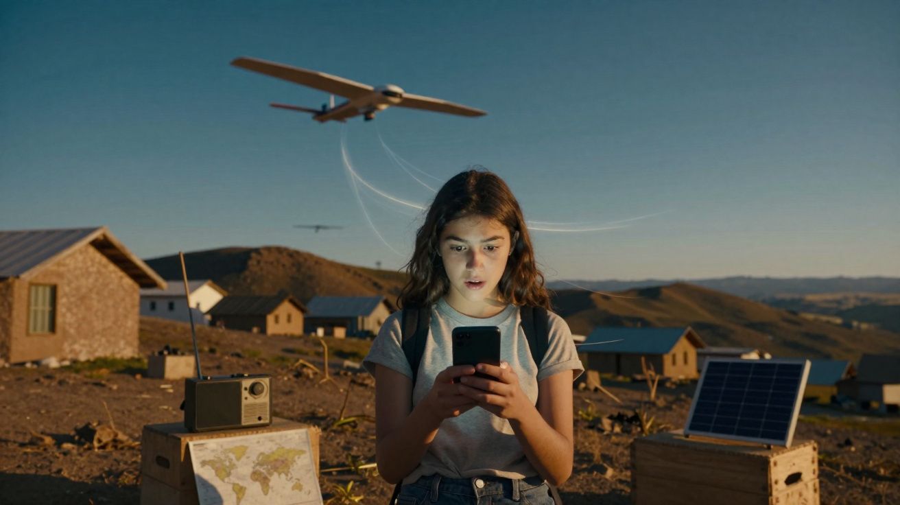 Jovem com mochila usa telemóvel ao ar livre, com drone a voar e painéis solares em zona rural montanhosa.