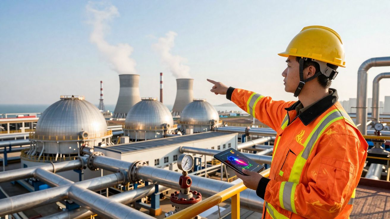 Engenheiro em colete e capacete amarelo apontando para central industrial com torres de arrefecimento e tubagens.