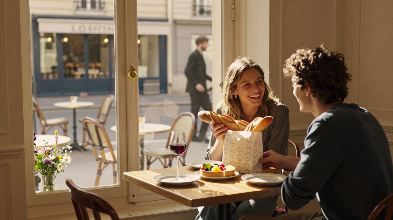 Casal sentado numa esplanada com pão, vinho e sobremesa, ao fim da tarde em ambiente urbano acolhedor.