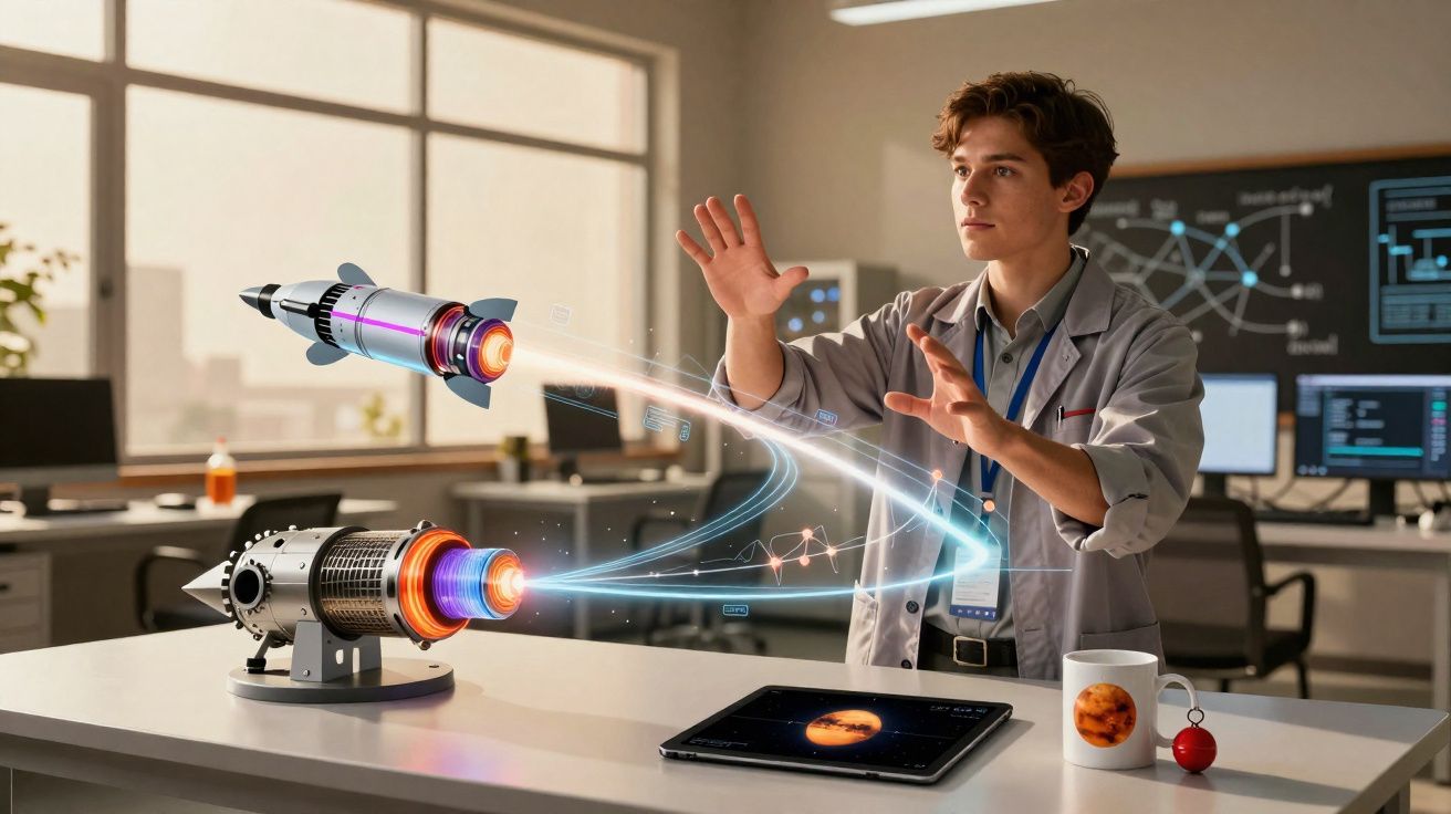 Jovem cientista manipula visualização holográfica de motores a jato em laboratório moderno.