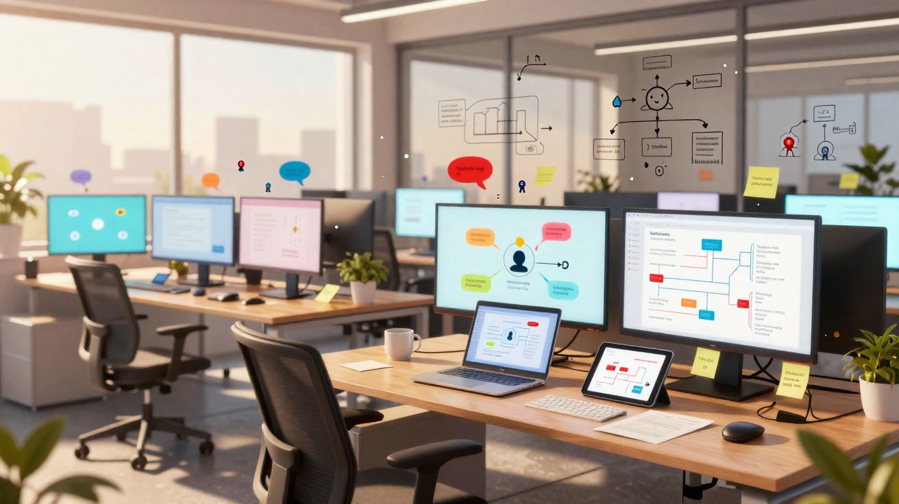 Escritório moderno com vários postos de trabalho, múltiplos ecrãs e decoração com plantas e post-its.