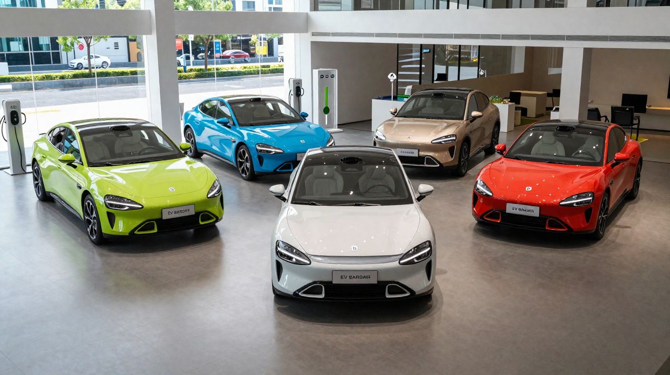 Cinco carros elétricos coloridos expostos numa sala moderna com estações de carregamento.