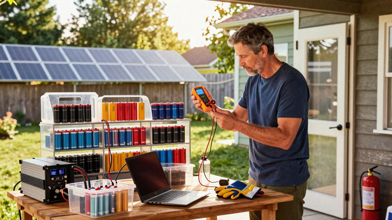 Homem a testar baterias recarregáveis numa mesa de madeira com laptop e equipamento de medição.