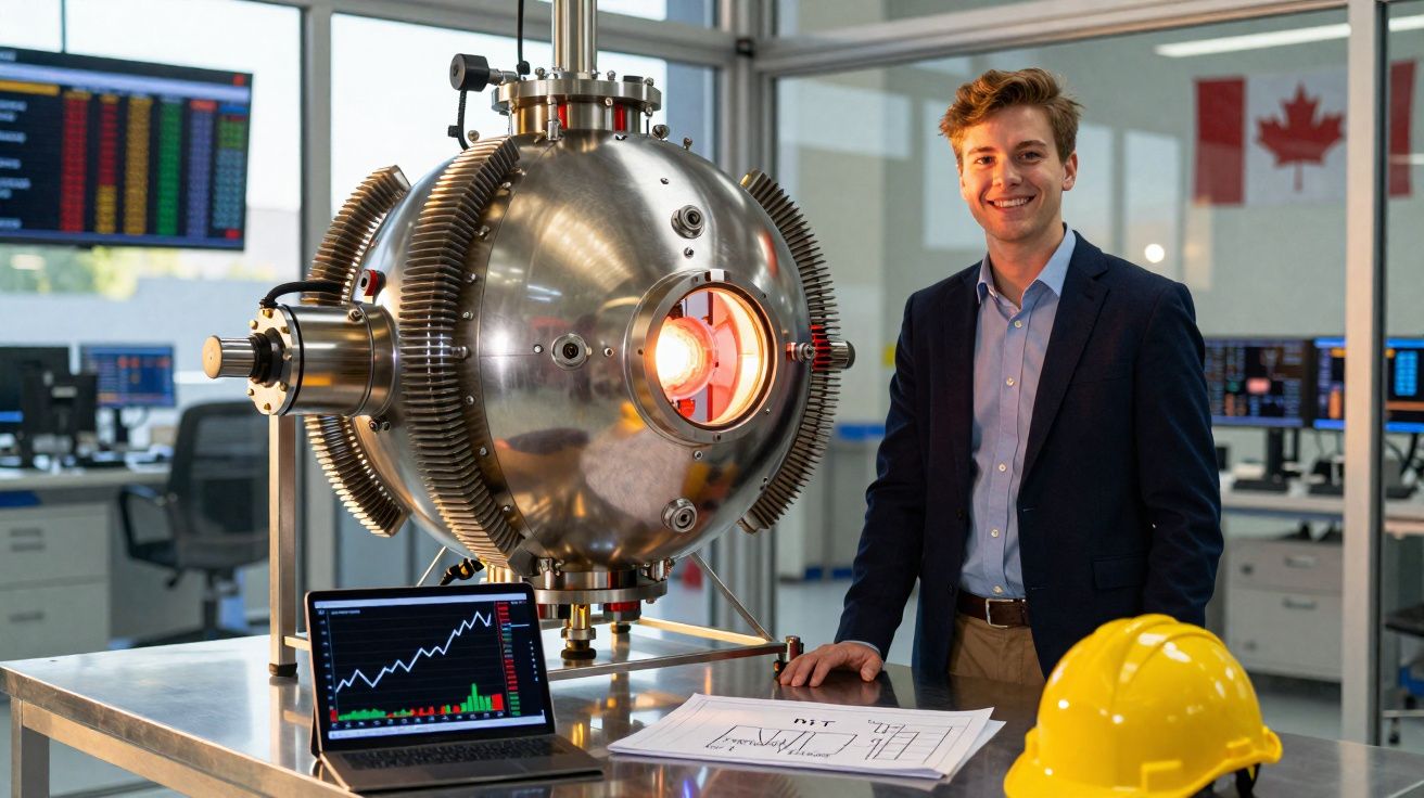 Homem em ambiente de laboratório com equipamento metálico esférico e computador com gráficos financeiros.