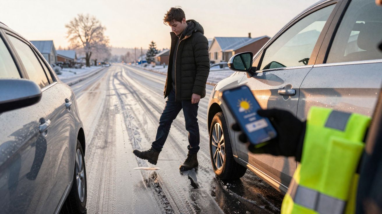 Jovem com casaco preto pisa no gelo numa estrada com carros parados e trabalhador a usar telemóvel.