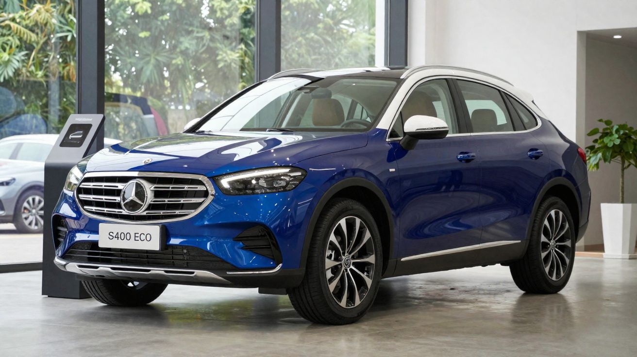 Carro eléctrico Mercedes-Benz S400 ECO em exposição numa loja, pintura azul com tejadilho branco.