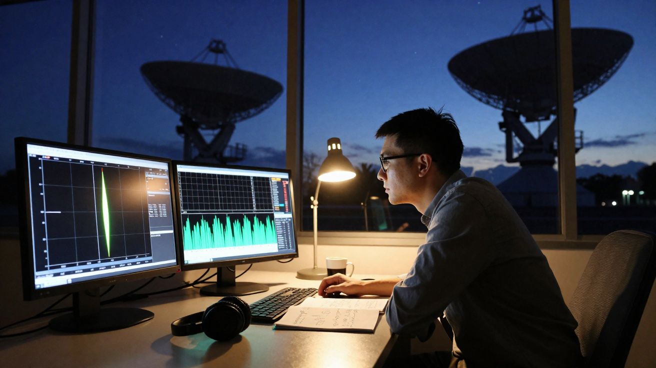 Homem a analisar gráficos em dois ecrãs de computador com antenas parabólicas ao fundo à noite.